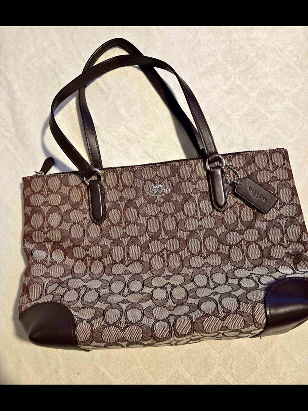 Coach Brown Signature Jacquard Tote with Dark Brown Leather Trim